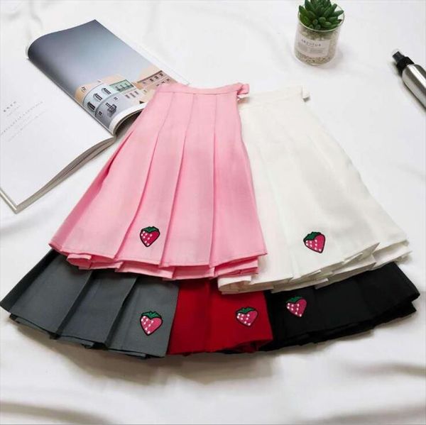 

autumn and winter new womens pleated skirt strawberry embroidery high waist a word skirt drop shipping, Black