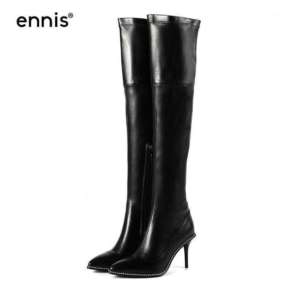 

ennis 2020 super high heels stiletto long boots pointed toe stretch over the knee boots women rivet winter black shoes 8551