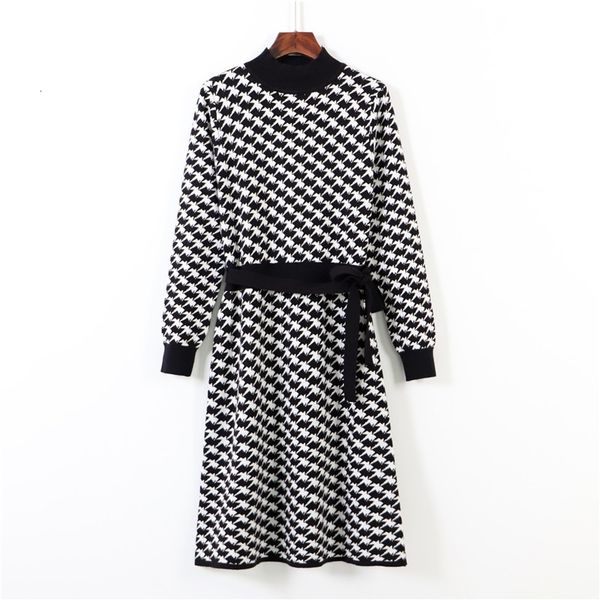 

women noble geometric knit autumn winter slim knot sashes sweater dress a-line soft warm pullover vestido c6un, White