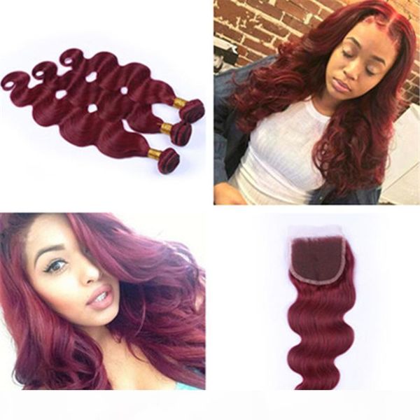 

new arrival pure color #99j wine red hair weaves with lace closure 4pcs lot 9a burgundy body wave human hair, Black