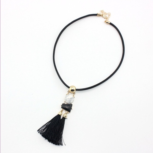 

light yellow gold color alloy geometric white howlite stone pendant choker necklace with tassels jewelry, Silver