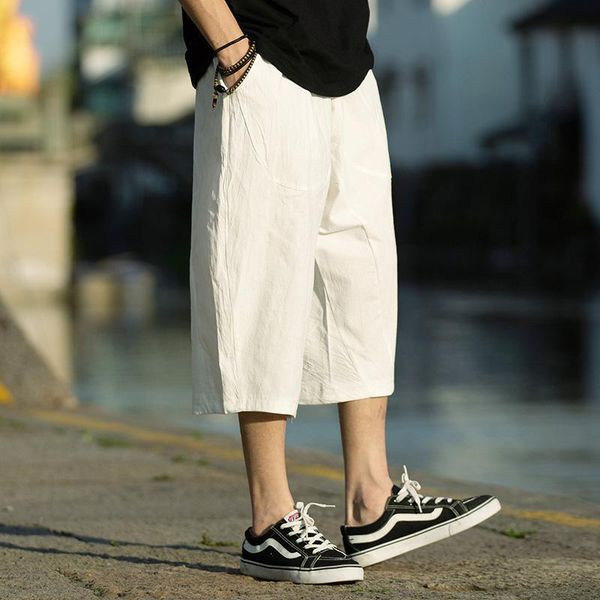 

men's pants m-5xl wide leg linen drawstring elastic waist three quarter trousers mens summer loose fit casual xxxxxl, Black