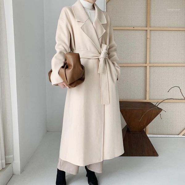 

women wollen trench wool blend coat beige mid-length woolen coat with belt wool women1, Black