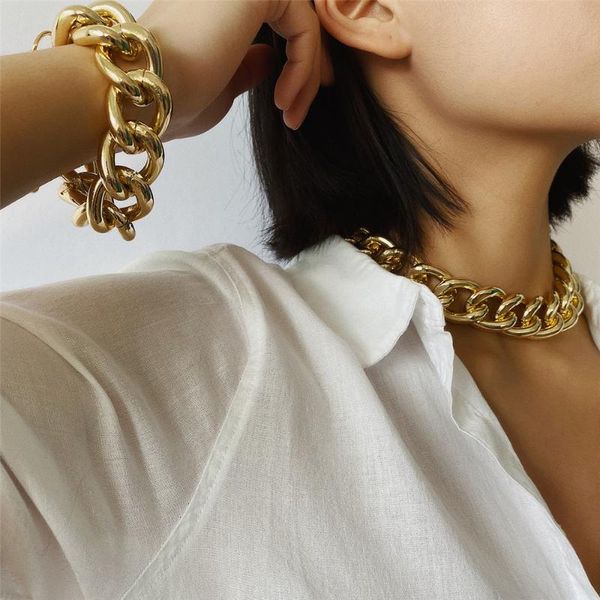 

exaggerated cuban big thick chain necklace & bracelet steampunk maxi chunky choker necklace hip hop men women jewelry set, Silver