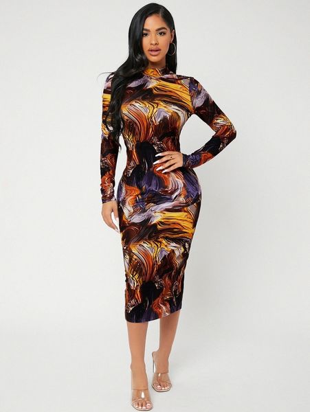 

sxy allover print split back bodycon dress e3iq#, Black;gray