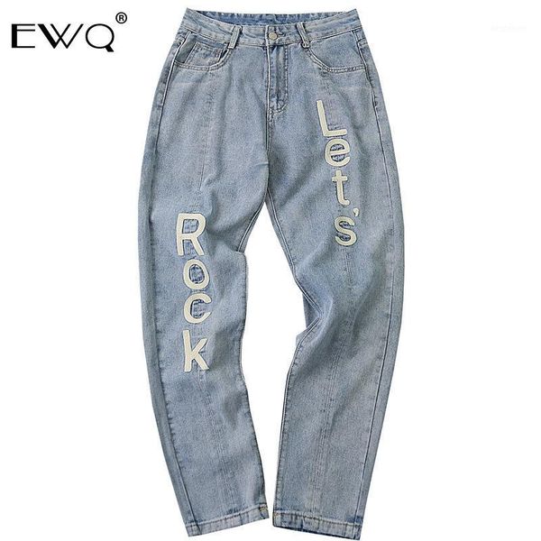 

men's jeans ewq / men's pants 2021 trend for male letter printing loose directly denim casual trouers hip hop 19h-a1771, Blue
