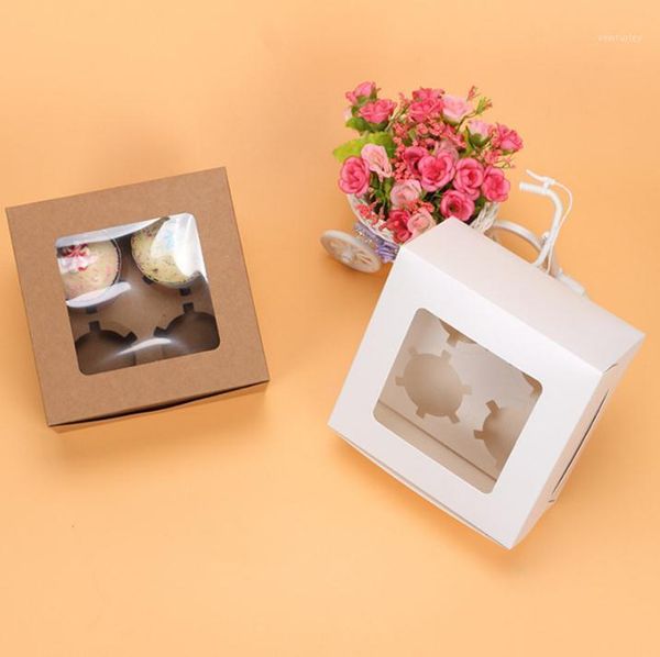 

gift wrap white brown kraft paper 4 cupcake boxes with window packaging sn16691