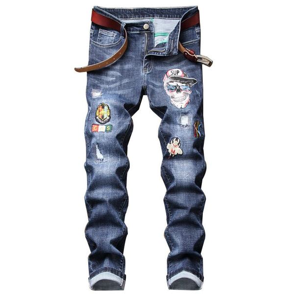 

men's jeans kimsere hi street ripped denim trousers with embroidery fashion streetwear distressed pants patches black blue