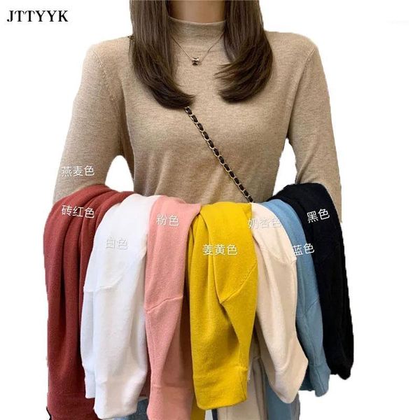 

core-spun yarn women sweater autumn/winter all-match solid color thinner half-high neck long-sleeve bottoming shirt knitted, White;black