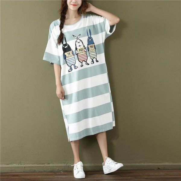

2019 summer korean casual women dress loose striped cartoon print cotton o neck short sleeve tshirt dress plus size 4xl, Black;gray