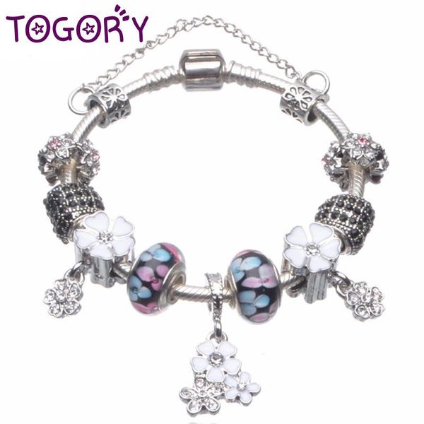 

togory christmas gift crystal flower pendant charm bracelets fits original beads bracelets bangles for women pulsera jewelry, Golden;silver