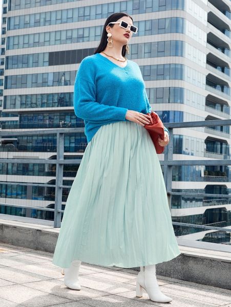 

plus solid high waist pleated skirt z1x6#, Black