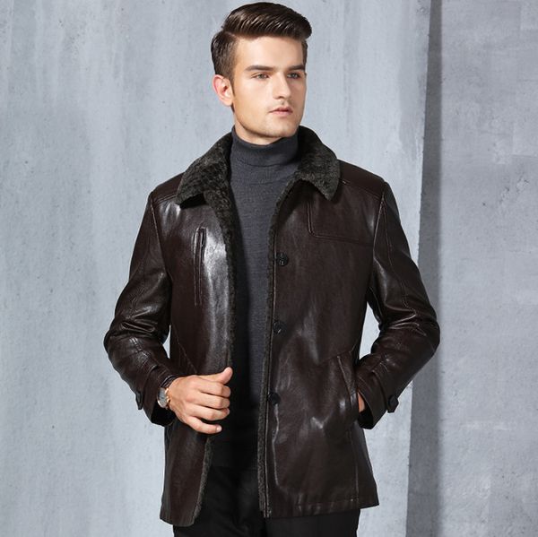 

winter black coffee middle aged gentle men's pu fur medium long leather thickened casual lapel jacket coat quite good quality, Black;brown