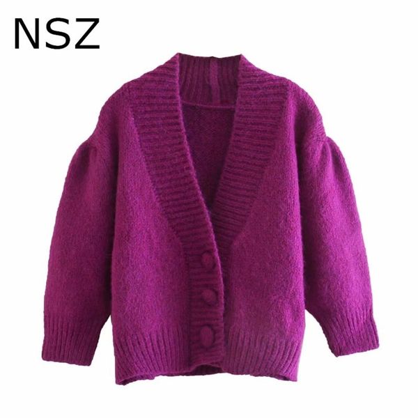 

nsz women purple oversized cropped sweater cardigan crop 3/4 sleeve knit jacket coat knitwear jumper pull femme fall 2020, Tan;black