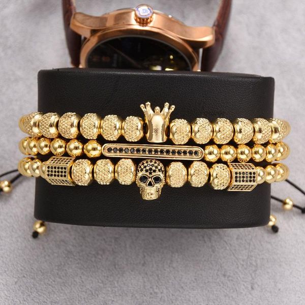 

men woman jewelry for men gold skull crown beaded bracelet vintage punk style stainless steel bracelets bangles 3pcs/set, Golden;silver