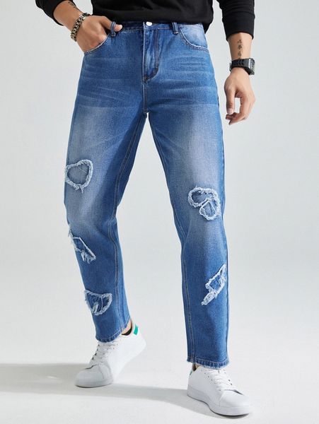

men cat whisker washed straight leg jeans 94hp#, Blue