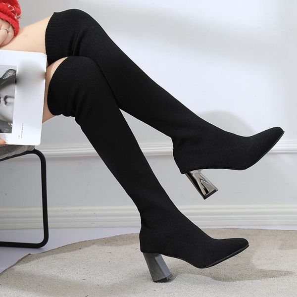 

2020 keep warm elastic socks long boots over the knee boots women winter pointed-toe knee high femme shoes, Black