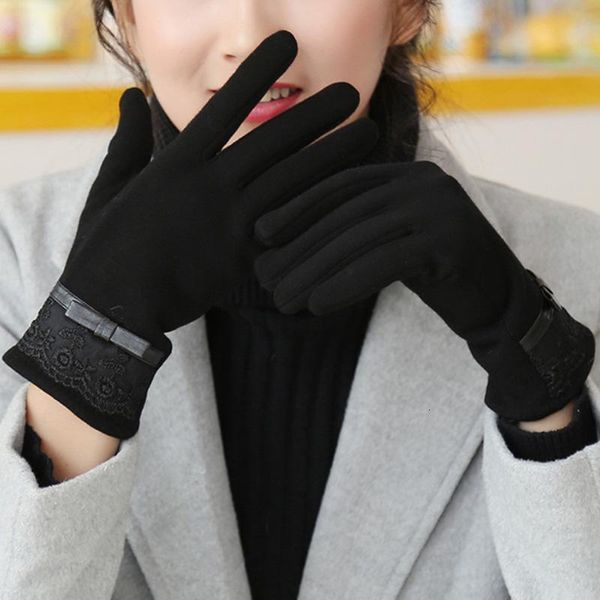 

ladies winter fashion cycling warm multicolor velvet fashion touch screen lace bowknot plus velvet warm gloves b72, Blue;gray