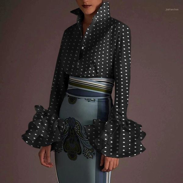

puff sleeve blouse shirt polka dot print casual long sleeve elegant 2020 vonda office lady lapel neck shirts1, White