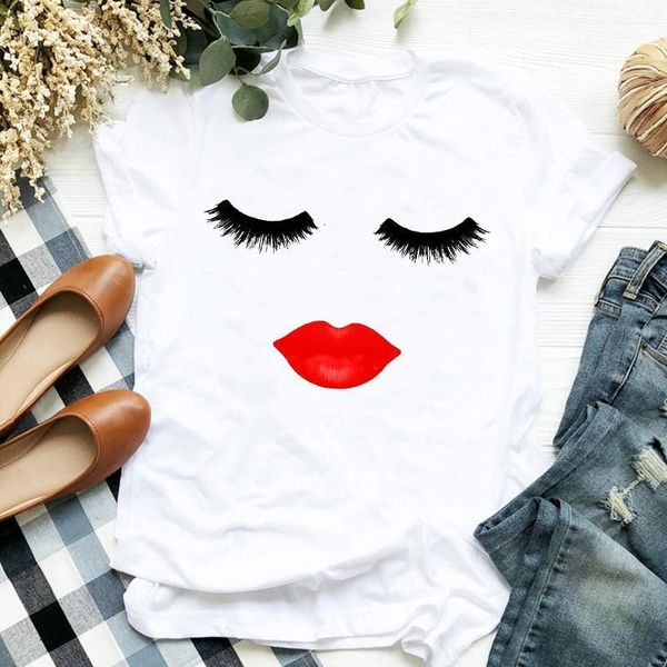 

women lady t shirt eyeflash red lip printed tshirt ladies short sleeve loose tee shirt women female clothes graphic t-shirt, White
