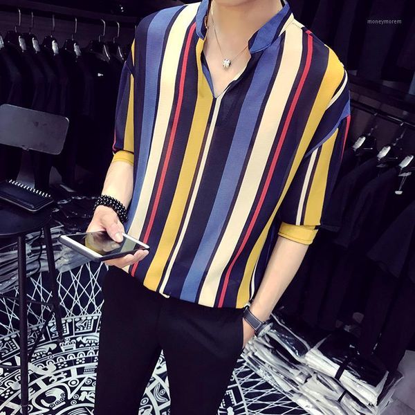 

loldeal summer v-neck loose color striped beautiful printed shirt white blue1, White;black