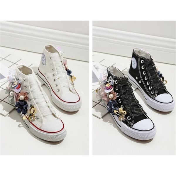 

2020 and spring new high craft flower women lace student canvas shoes 9imm, Black