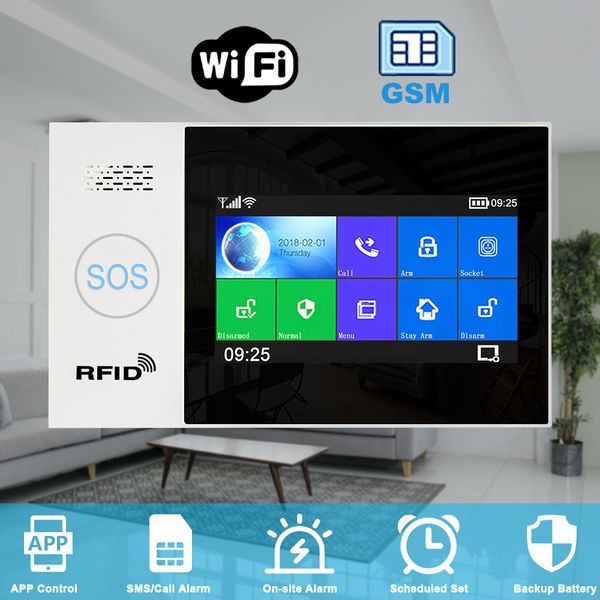 FreeShipping WIFI GSM smart Alarm System home Security Einbrecher kit 4,3 zoll touch screen APP Fernbedienung RFID Arm Unscharf