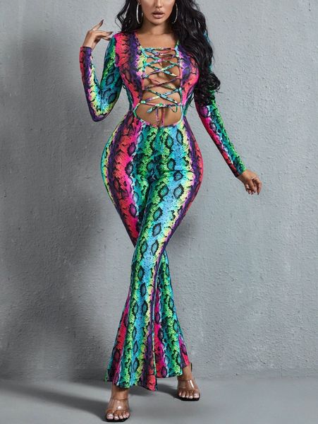 

sxy snakeskin print cut out lace up front flare leg jumpsuit z0sc#, White