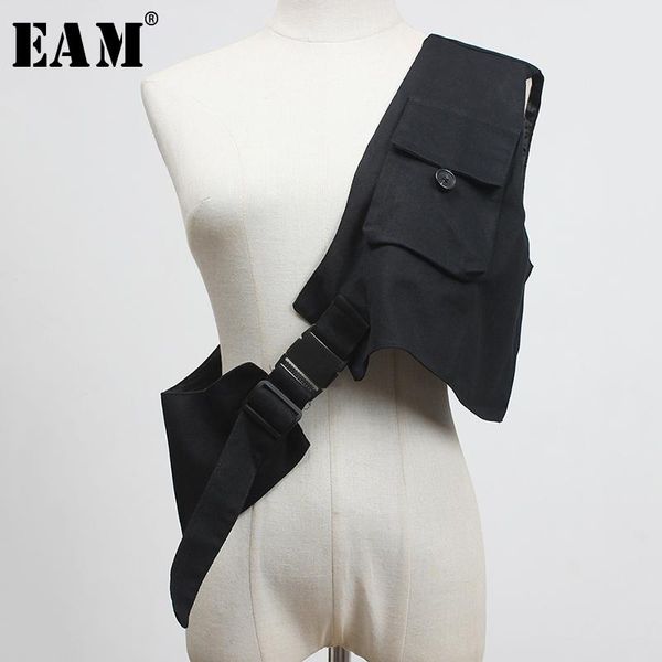 

[eam] women loose fit black irregular pocket buckle vest new v-collar sleeveless fashion tide spring autumn 2020 1y831, Black;white