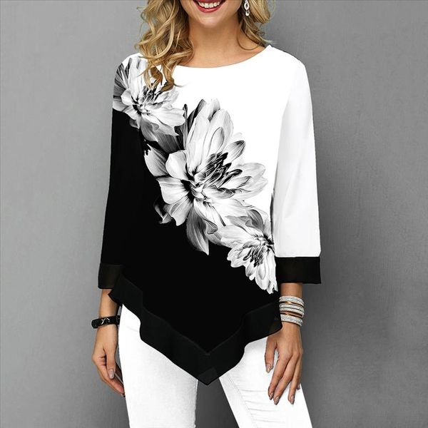 

floral printed women shirt asymmetric hem autumn blouse shirt for woman flower print o neck blusas fashion female camisa, White