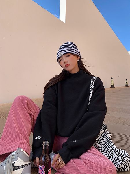 

women's 2021 turtlenecks in addition to thickened velvet new winter loose style lazying 4ial, Black