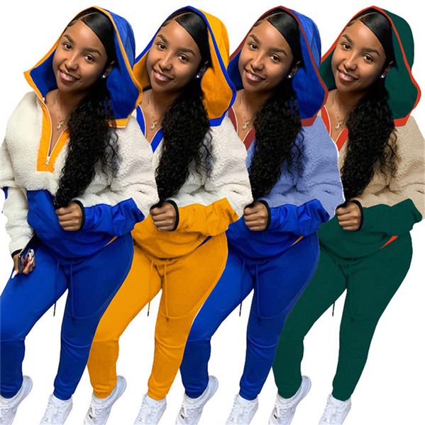 

2021 women winter tracksuit fall long sleeve fleece hoodie sherpa pullovers sweatshirt hooded neck zipper sweaters pants outfit f102007, Gray