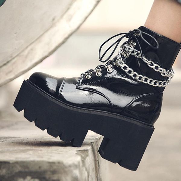 

patent leather gothic black boots women heel chain chunky heel platform boots female punk style ankle zipper b324