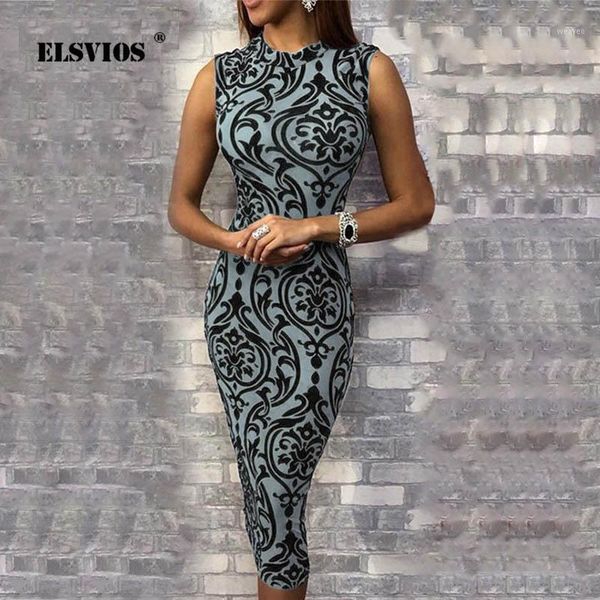 

elsvios package hip summer sleeveless dress 2019 vintage floral print o neck women dress elegant bodycon midi pencil1, Black;gray