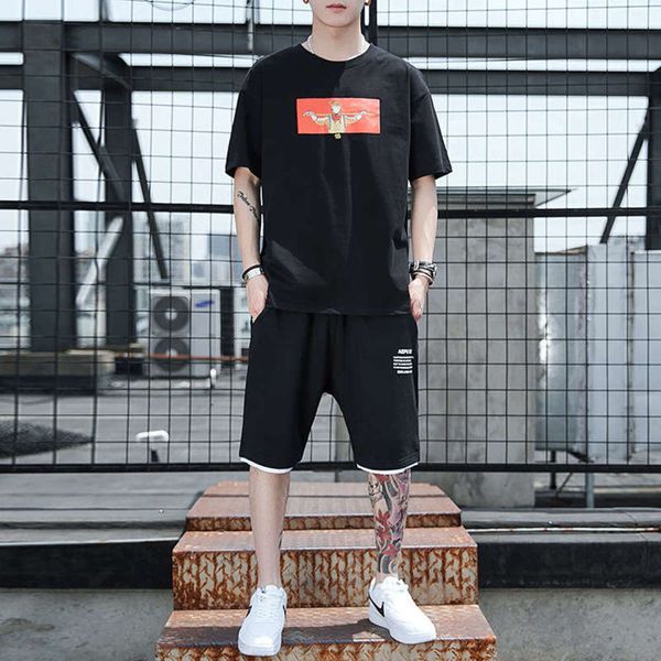 

t-shirt summer short sleeve sports suit men's cotton clothes running fashion brand loose casual sportswear, Gray