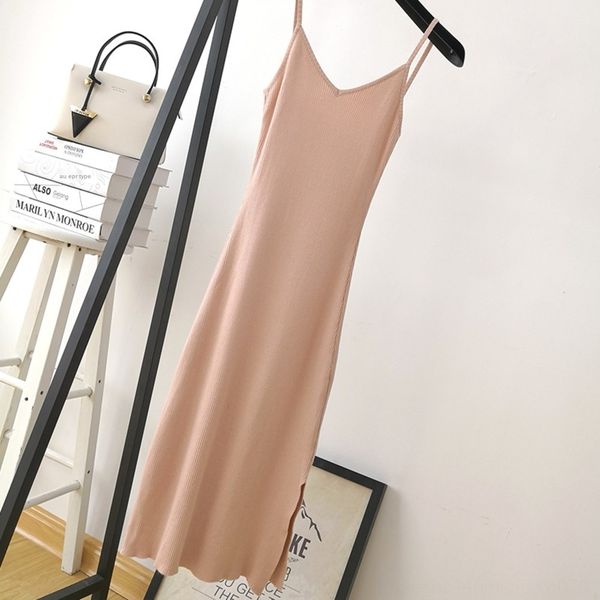 

2020 summer new korean style suspender suspender skirt dressdress dresswaist-tight long solid color knitted split dress for women ykuso, Black;gray