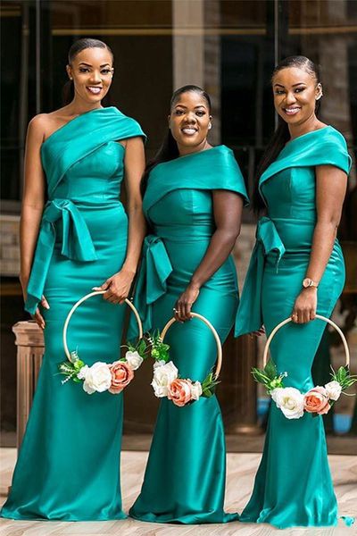 

plus size hunter prom bridesmaid dresses for african western weddings elegant one shoulder pleats peplum long maid of honor gowns, Black