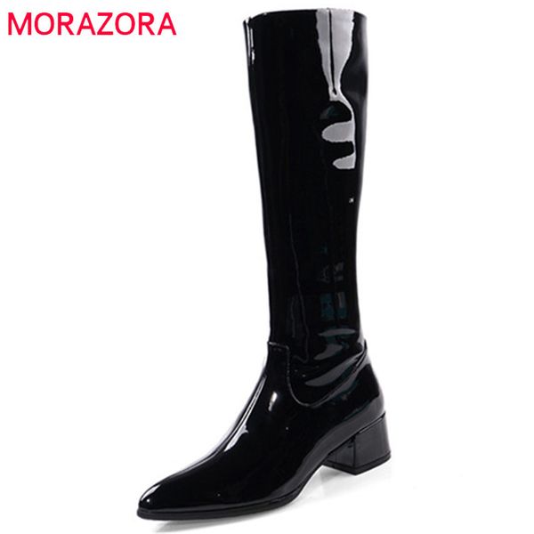 

morazora 2020 patent leather riding boots women med heels pointed toe autumn shoes ladies knee high boots big size 42 1026, Black