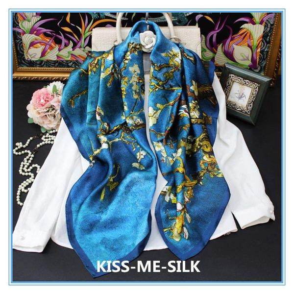 

scarves kms oil painting apricot tree dark blue silk plain satin square scarf mulberry-silk shawl 110*110cm/60g, Blue;gray