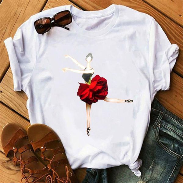 

illustration of flower ballet dancer print t-shirt women vogue 90s t shirt camiseta mujer korean style clothes white tshirt