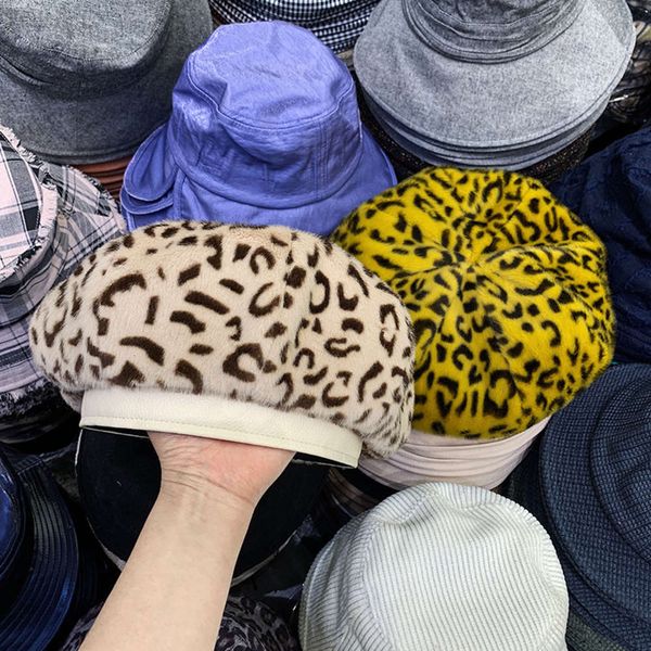 

version small beret large female round face leopard print artist autumn winter warm ear protection korean plush pumpkin hat, Blue;gray