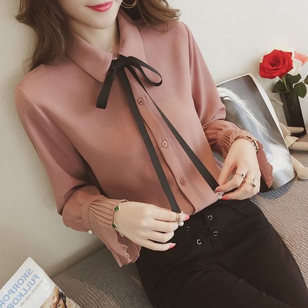 

new autumn style chiffon bottom shirt, women's bow tie, solid color heart machine students' long sleeve minority t-shirt