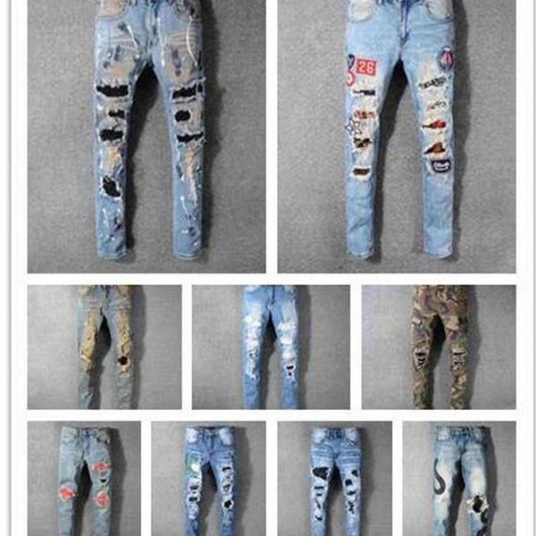 

tide pleated hole slim feet slightly elastic mens pants stretch slim jeans fashion brand trousers, Blue