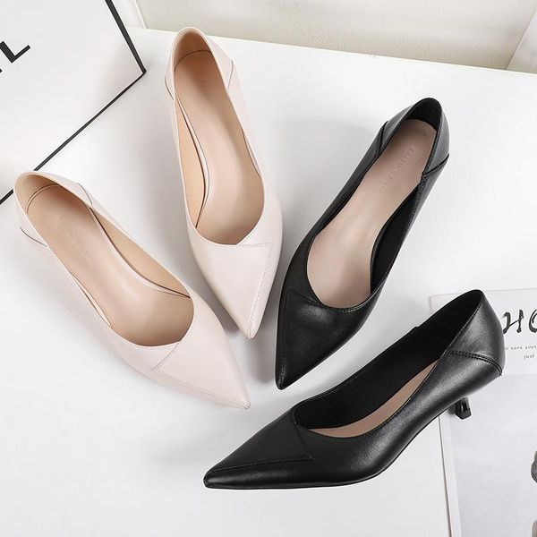 

new split soft leather women heels shoes spring autumn solid black white pointed toe comfortable elegant work woman pumps