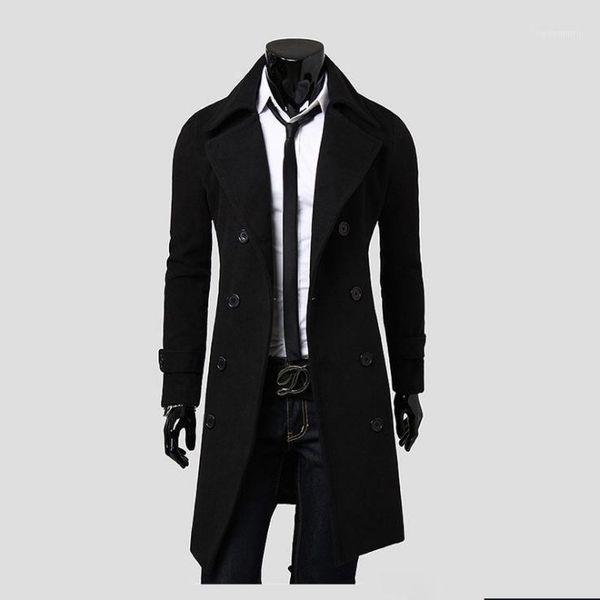 

2020 autumn and winter long double breasted trench coat men's coat slim fit overcoat men's1, Tan;black