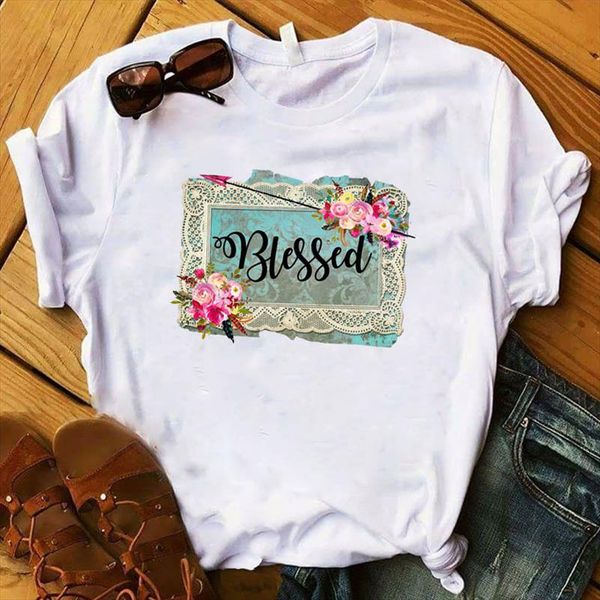 

women lady t shirt blessed flower printed tshirt ladies short sleeve loose tee shirt women female clothes graphic t shirt, White