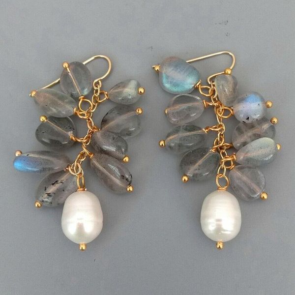 

Natural Labradorite Cultured White Rice Pearl Dangle Hook Earrings, Silver