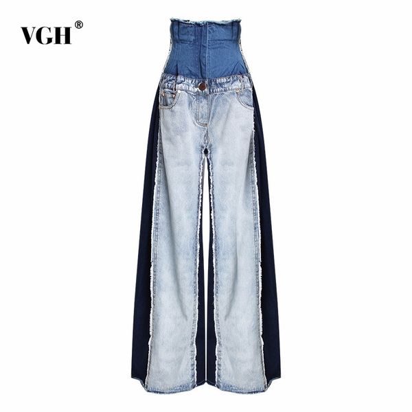 

vgh casual denim patchwork women trousers high waist hit color big size wide leg pants female fashion spring clothing tide 201111, Black;white