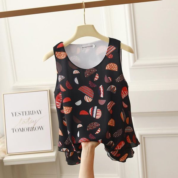 

women's blouse fashion brand summer new arrival o-neck casual printed floral sleeveless chiffon ladies bottoming baby shirt1, White