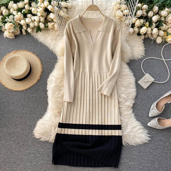 

2021 new female design knitted or crocheted college-style collar winter elastic line dress long do6g, Black;gray